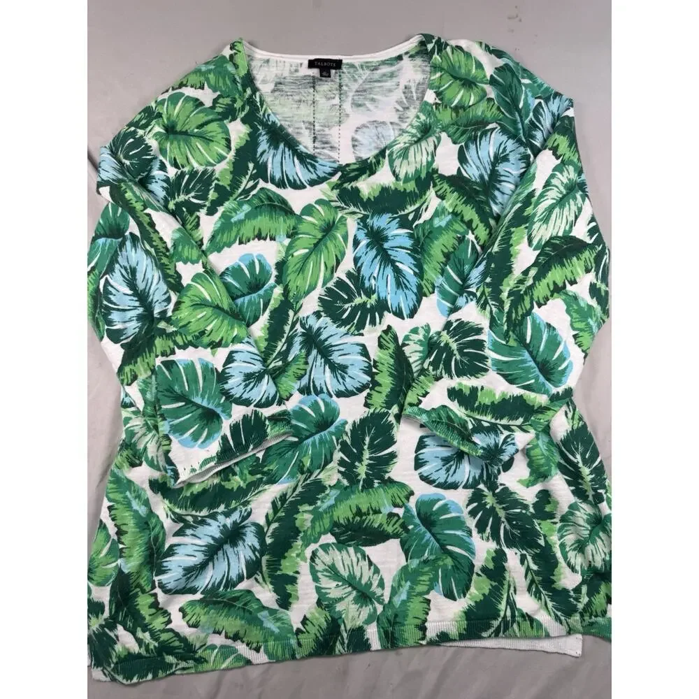 Talbots Women’s XL Tropical Leaf Print Lightweight Sweater Green Blue